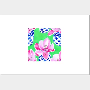 Pink flowers in ginger jars on green background Posters and Art